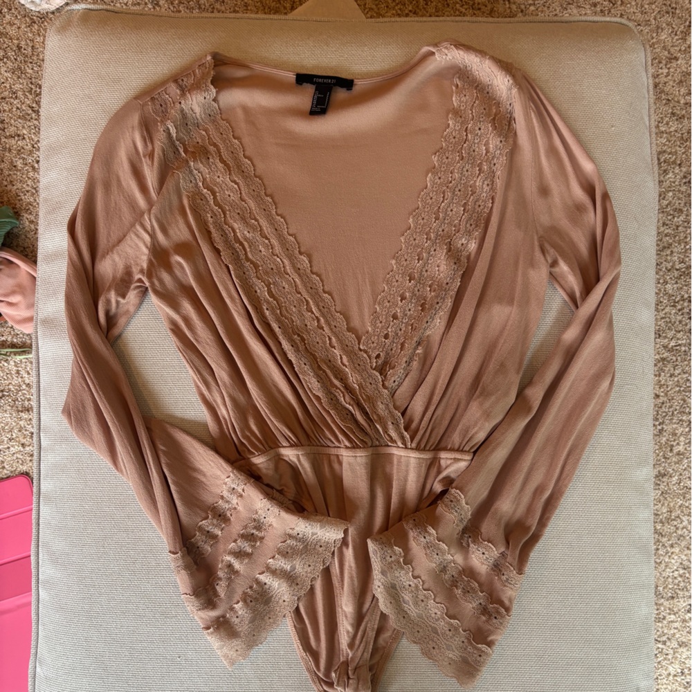 Forever 21 Tan Lace Trim Bodysuit